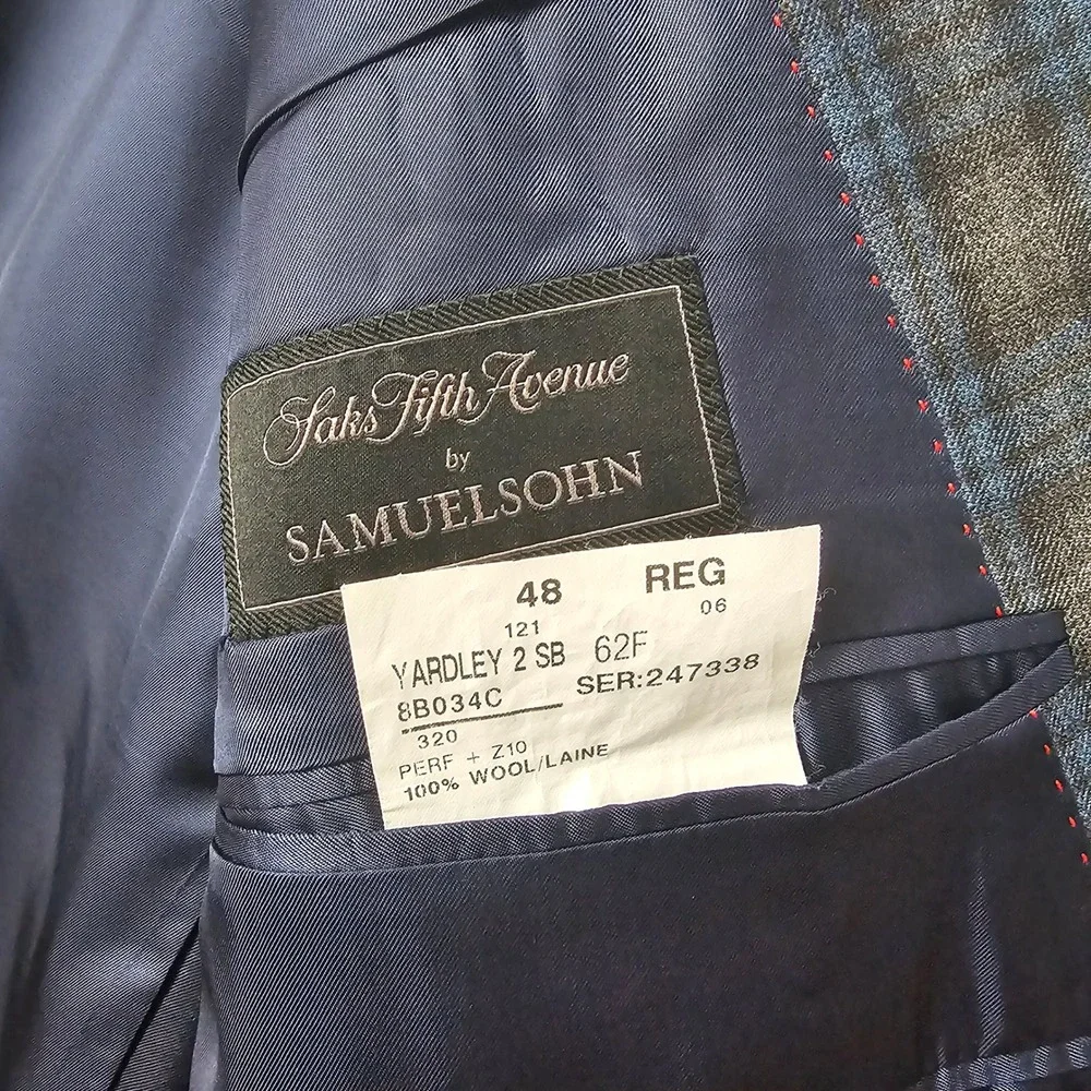 Samuelsohn Performance Mens Plaid‎ Blazer Jacket Wool Blend Blue Gray Size 48 - Picture 6 of 8